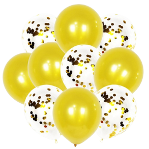 Balloner 10 stk. guld - 5 perlemor + 5 m/konfetti